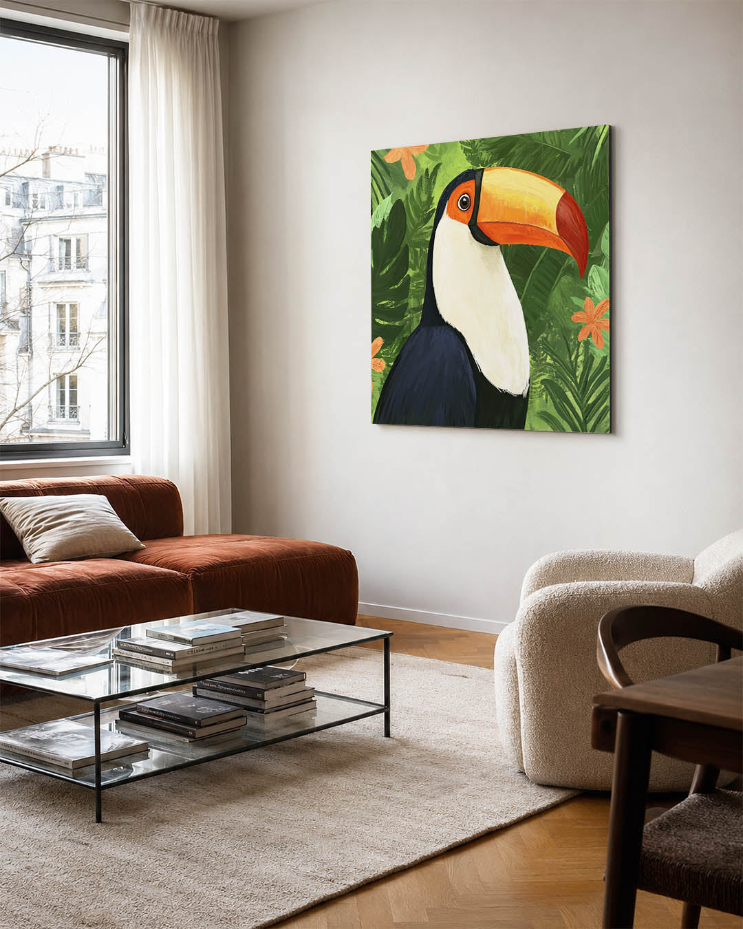 Tropische toekan kunstwerk – vierkante wanddecoratie – dit kunstwerk toont een kleurrijke toekan te midden van weelderige