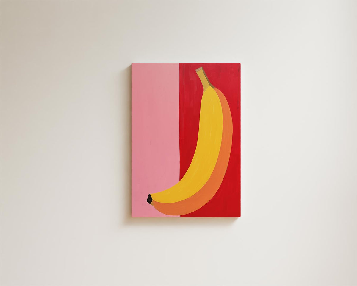 Kleurrijke Banaan op Roze en Rood – modern portret kunstwerk van WallArtistic