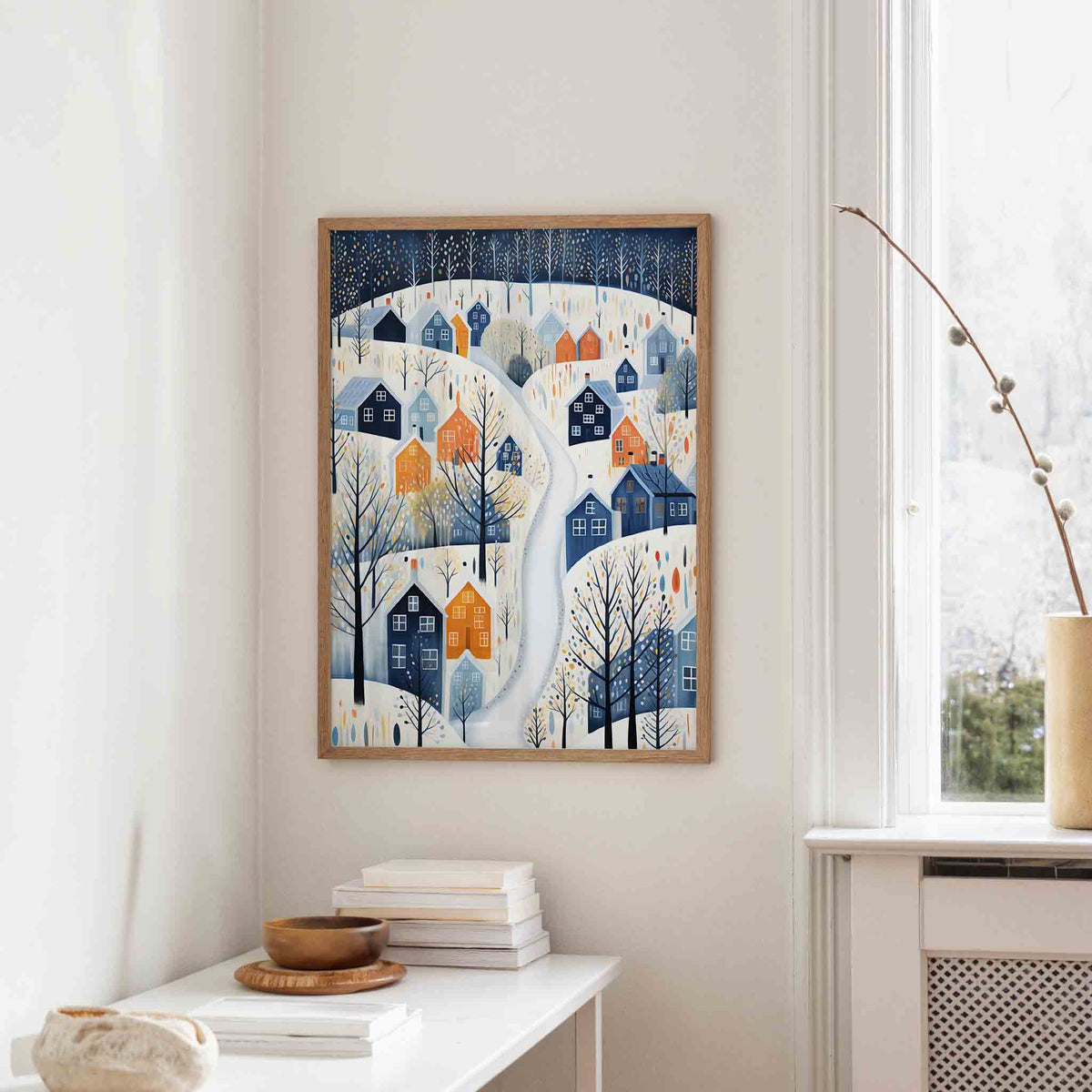 Winterdorp met kleurrijke huizen – staande kerst wanddecoratie van WallArtistic
