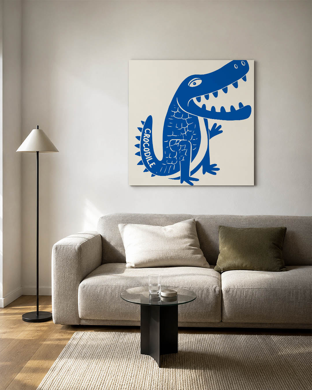 Speelse krokodil illustratie kunstwerk – detailweergave – dit werk toont een speelse blauwe krokodil met een grote glimlach