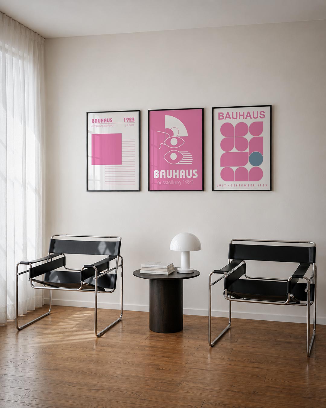 Roze lijnenspel posterset – derde productweergave – deze posterset in drie delen toont een groot roze vierkant met daaronder