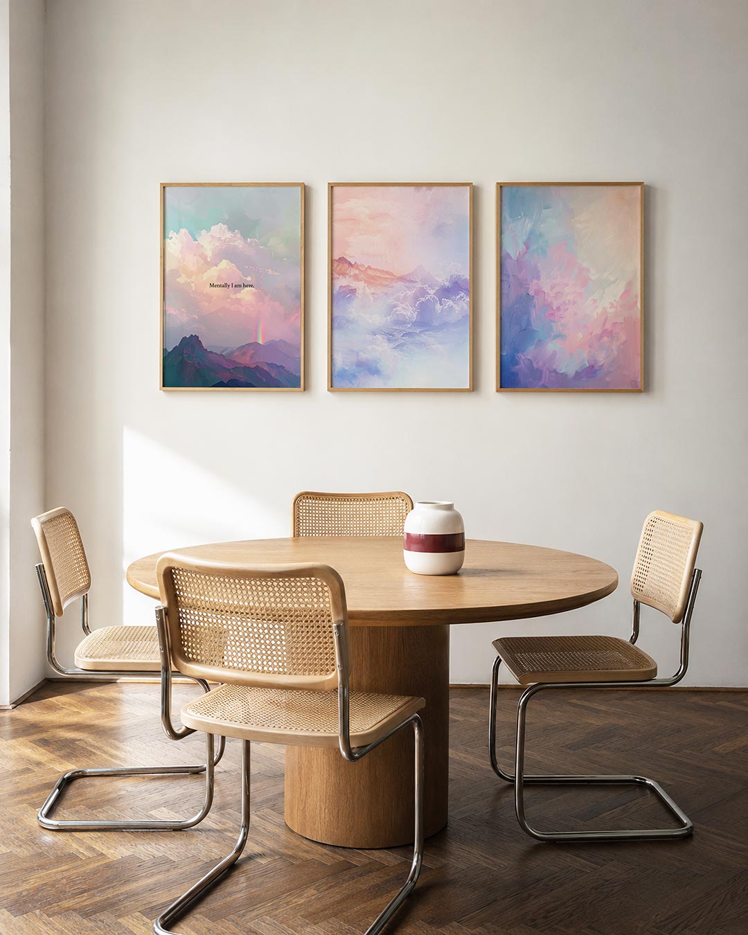 Dromerige berglandschap driedelige posterset in interieur