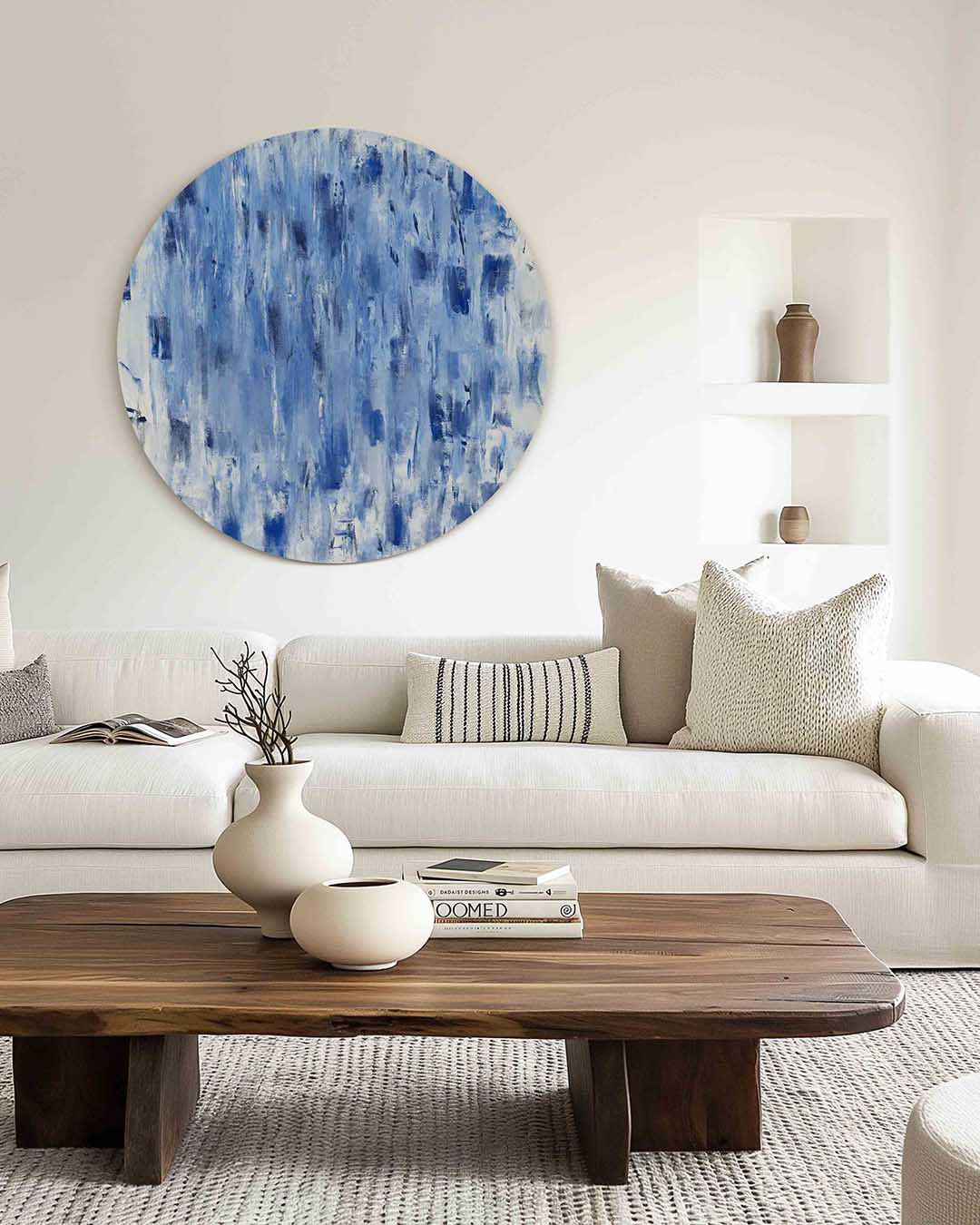Blauwe abstracte – muurcirkel met kleur en vormen voor aan de muur