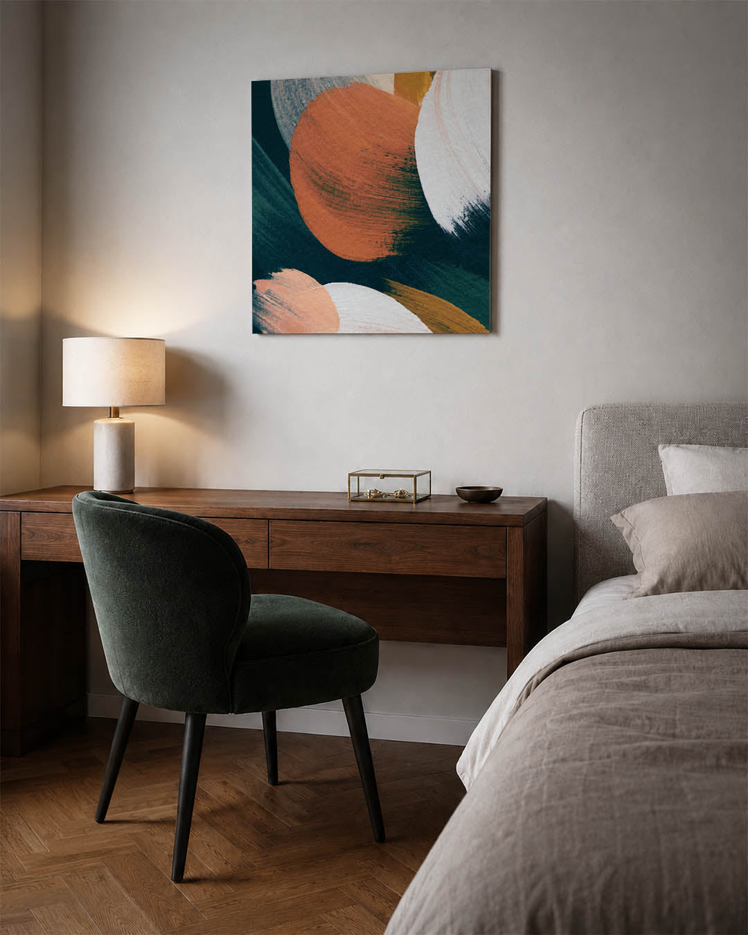 Dynamische kleurvlakken kunstwerk – materiaalweergave – dit kunstwerk toont grote, overlappende kleurvlakken in blauw, oranje