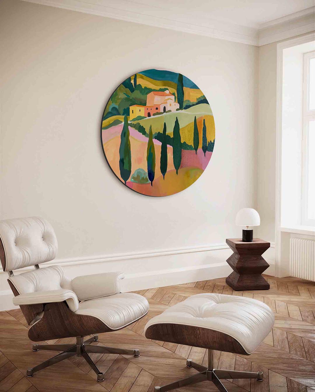 Landschap met cipressen – moderne ronde wanddecoratie van WallArtistic