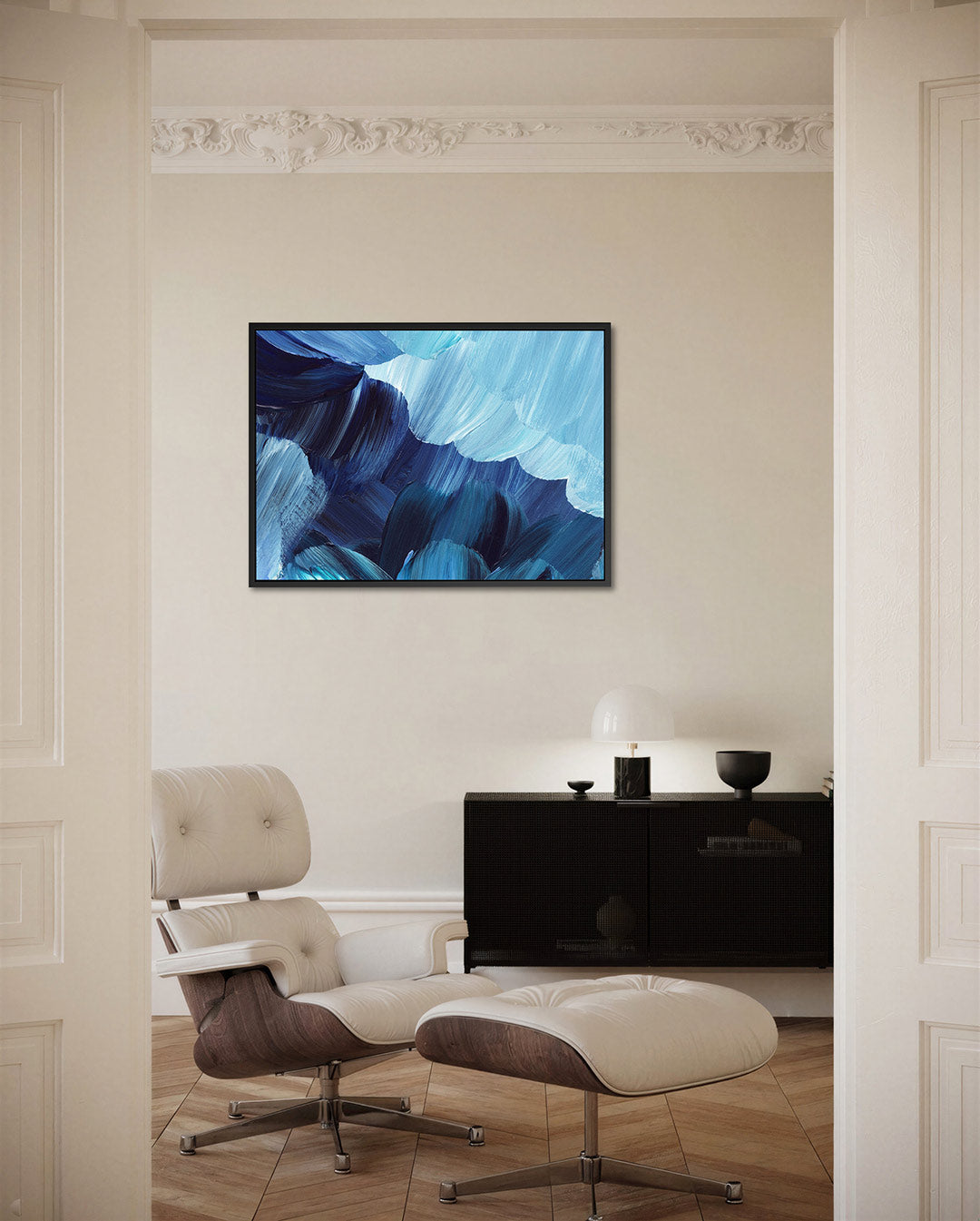 Dynamische blauwe borstels – Beweging – liggende wanddecoratie