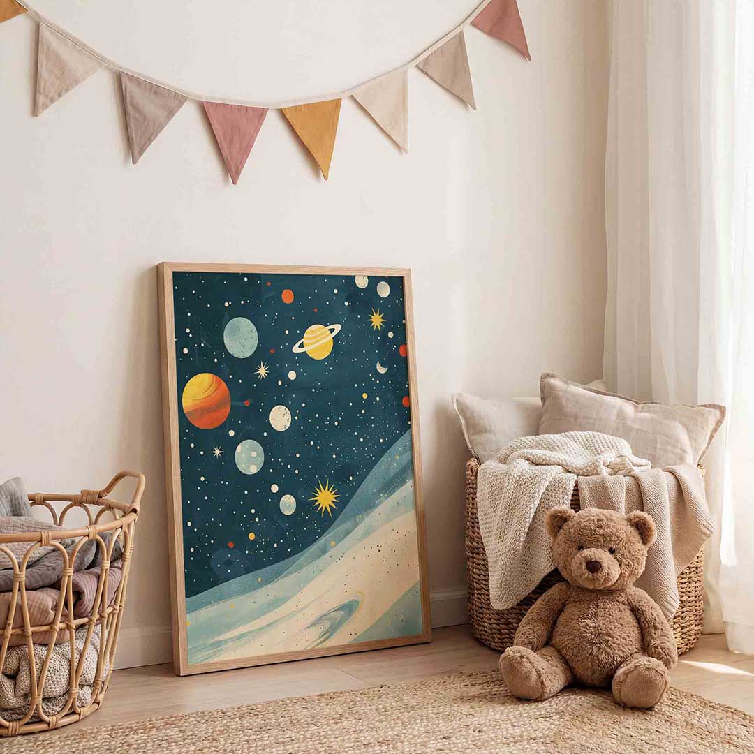 Planeten en sterren – speelse wandkunst als portret kinderposter