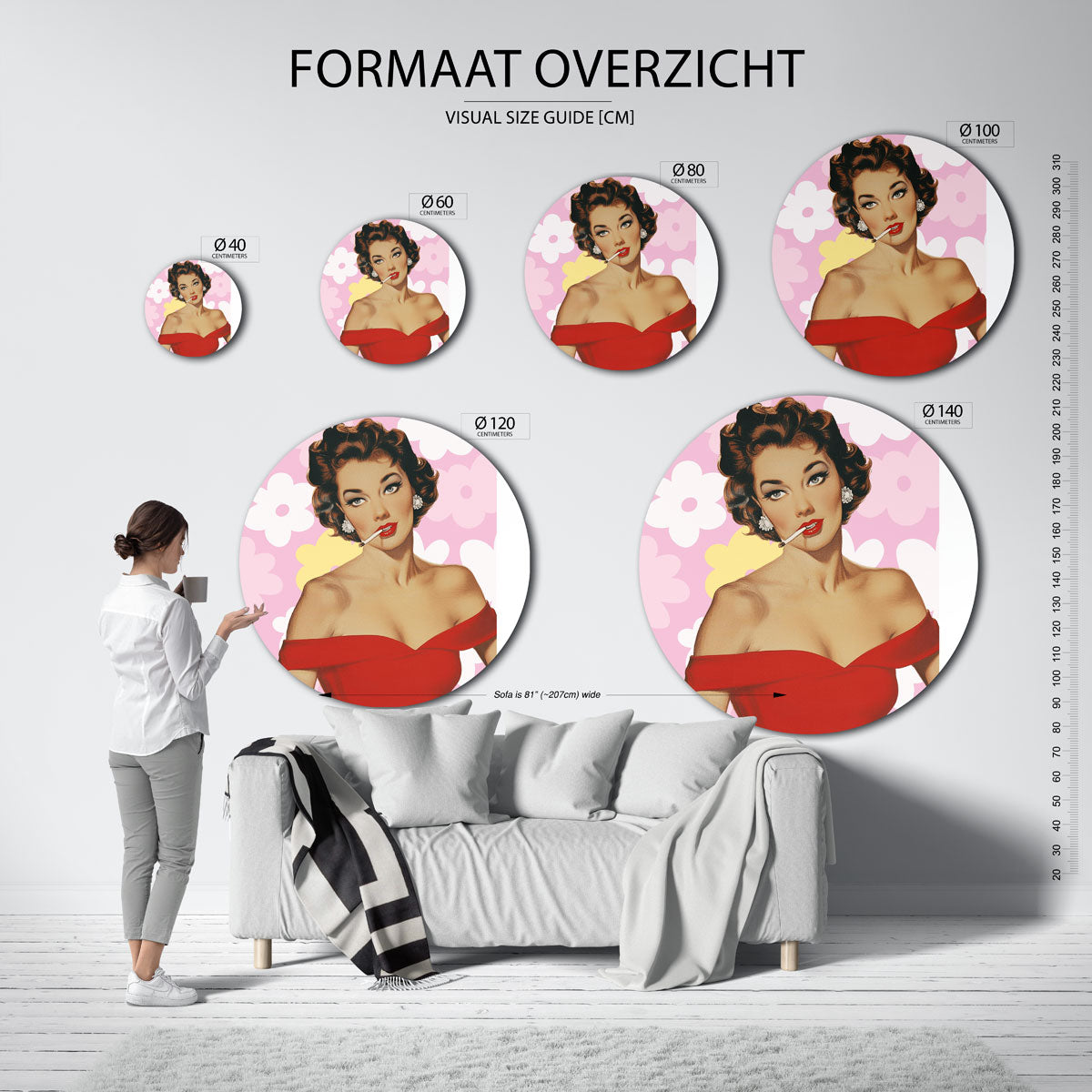 Vrouw in rode jurk – kleurrijke ronde muurdecoratie in Pop Art stijl