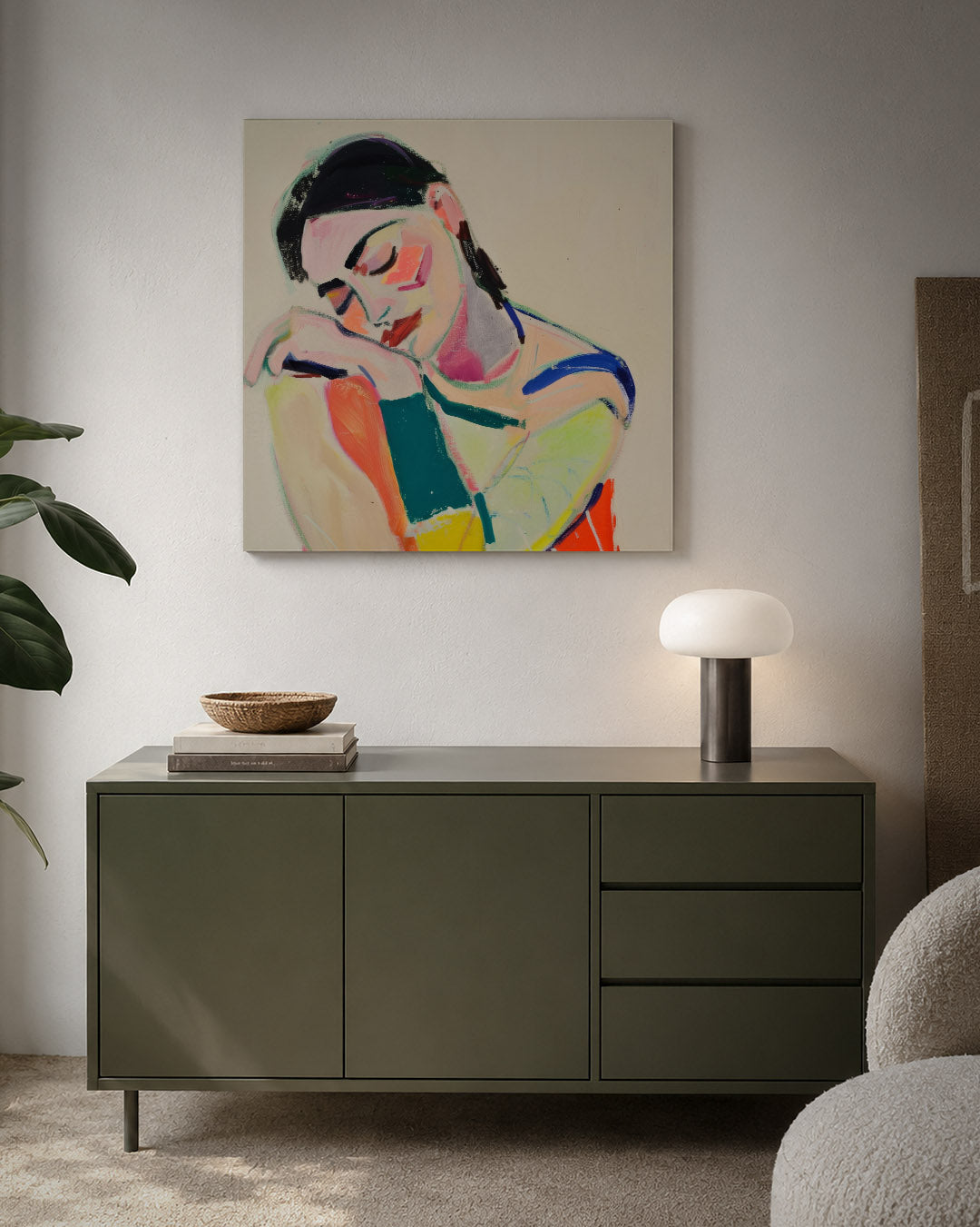 Kleurencompositie kunstwerk – detailweergave – dit werk toont een figuur met een mix van levendige kleuren en zachte lijnen