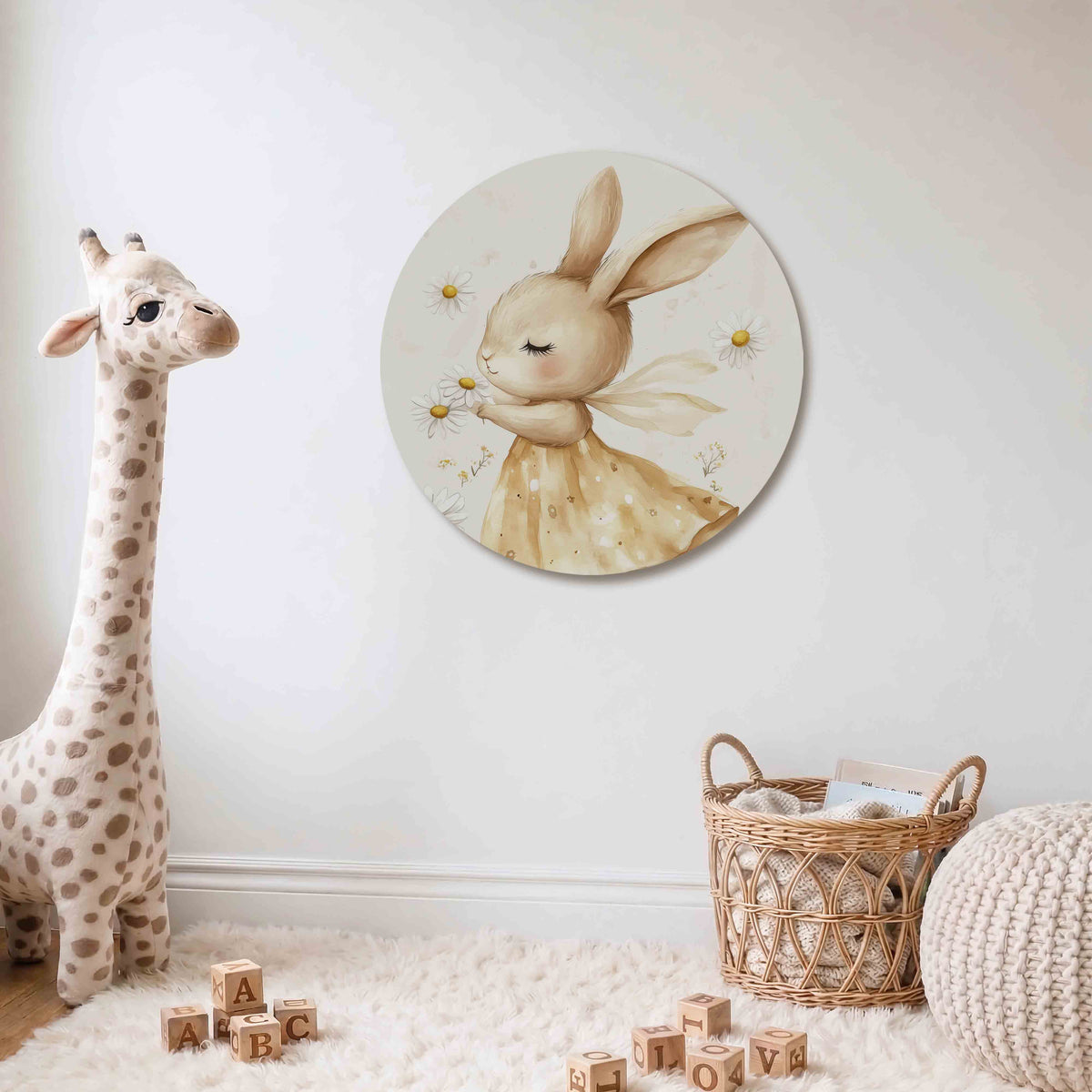 Konijn met madeliefjes Muurcirkel – Een schattig konijn in een beige jurk houdt madeliefjes vast, omringd door meer bloemen.