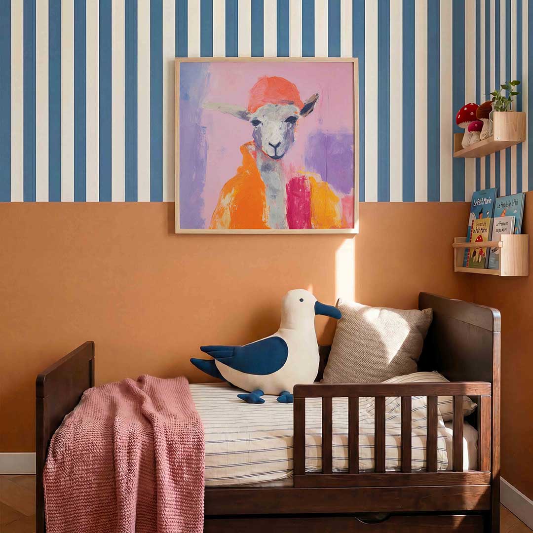 Schaap met oranje hoed – kids poster in vierkant formaat