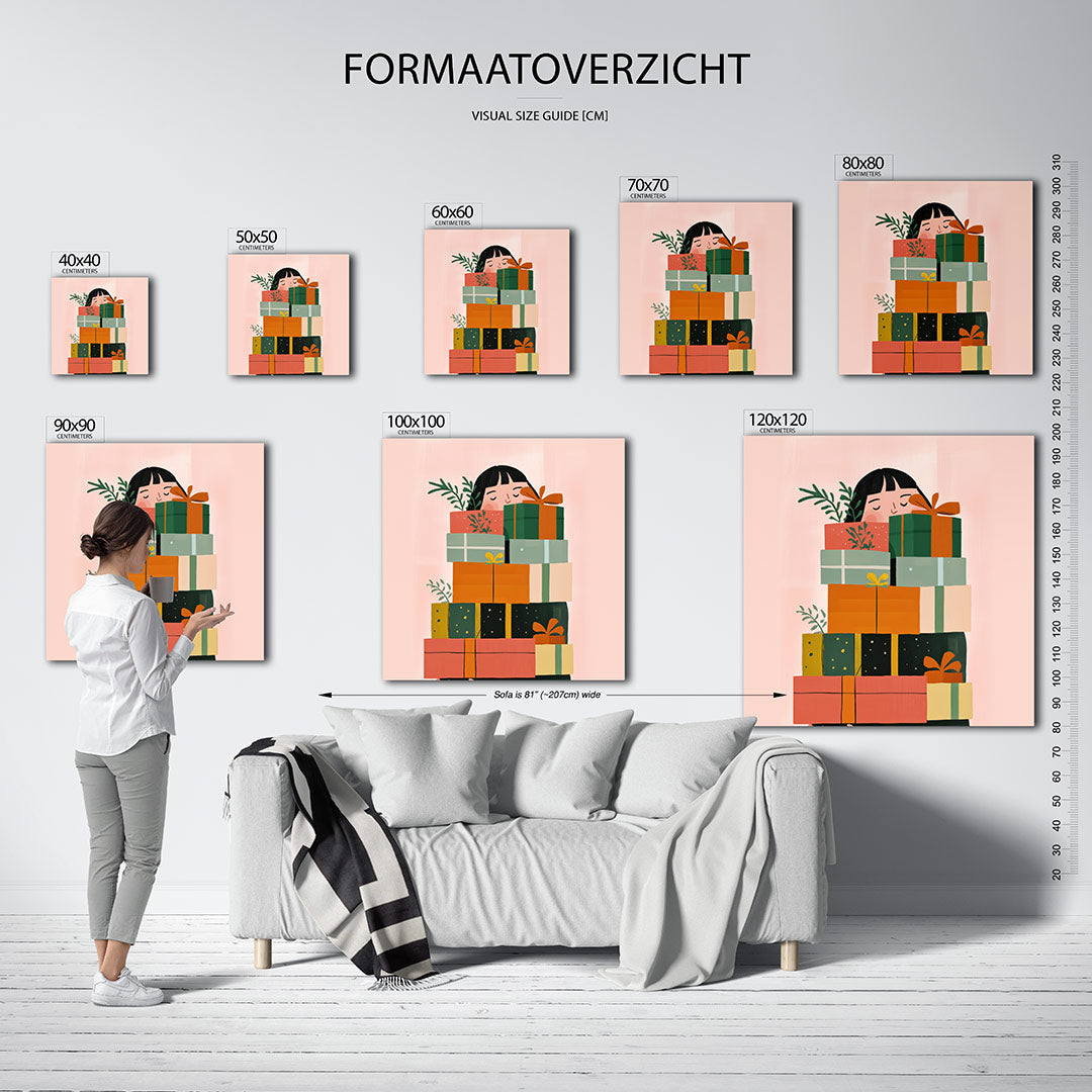 Vrolijke cadeau stapel kunstwerk – sfeerbeeld – dit kunstwerk toont een stapel kleurrijke cadeaus met een persoon die