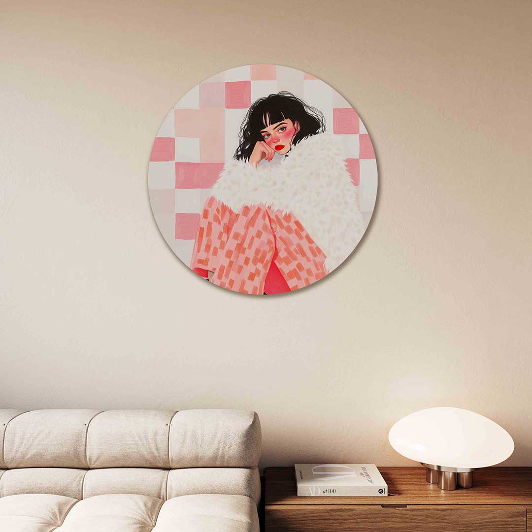 Vrouw met bontjas – moderne abstracte muurcirkel voor aan de muur