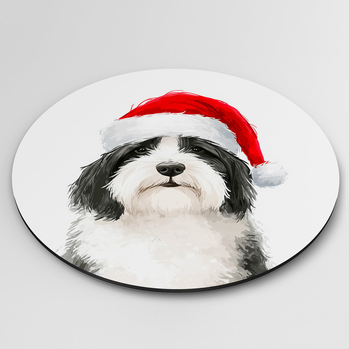 Hond met kerstmuts Muurcirkel – detailweergave – Een hond met een zwart-witte vacht draagt een rode kerstmuts.