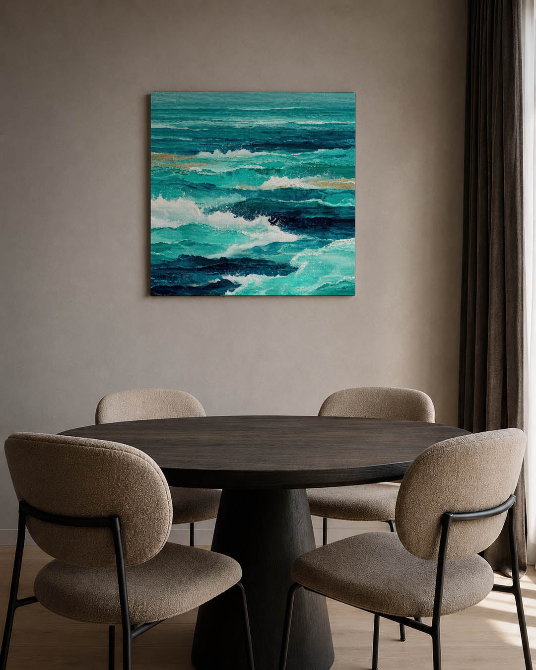 Dynamische zee kunstwerk – tweede productweergave – dit werk toont een levendige zee met golven in verschillende tinten blauw