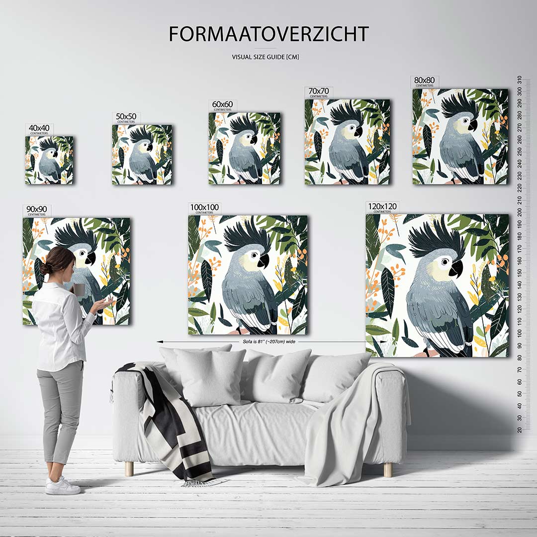 Vrolijke papegaai kunstwerk – dit werk toont een gedetailleerde papegaai omringd door bladeren en bloemen. De levendige
