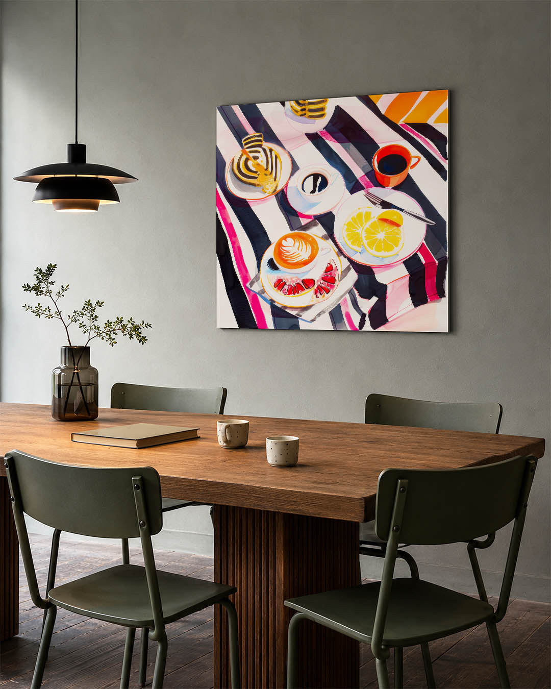 Vrolijk ontbijt tafereel kunstwerk – tweede productweergave – dit kunstwerk toont een levendig tafereel van een ontbijt met