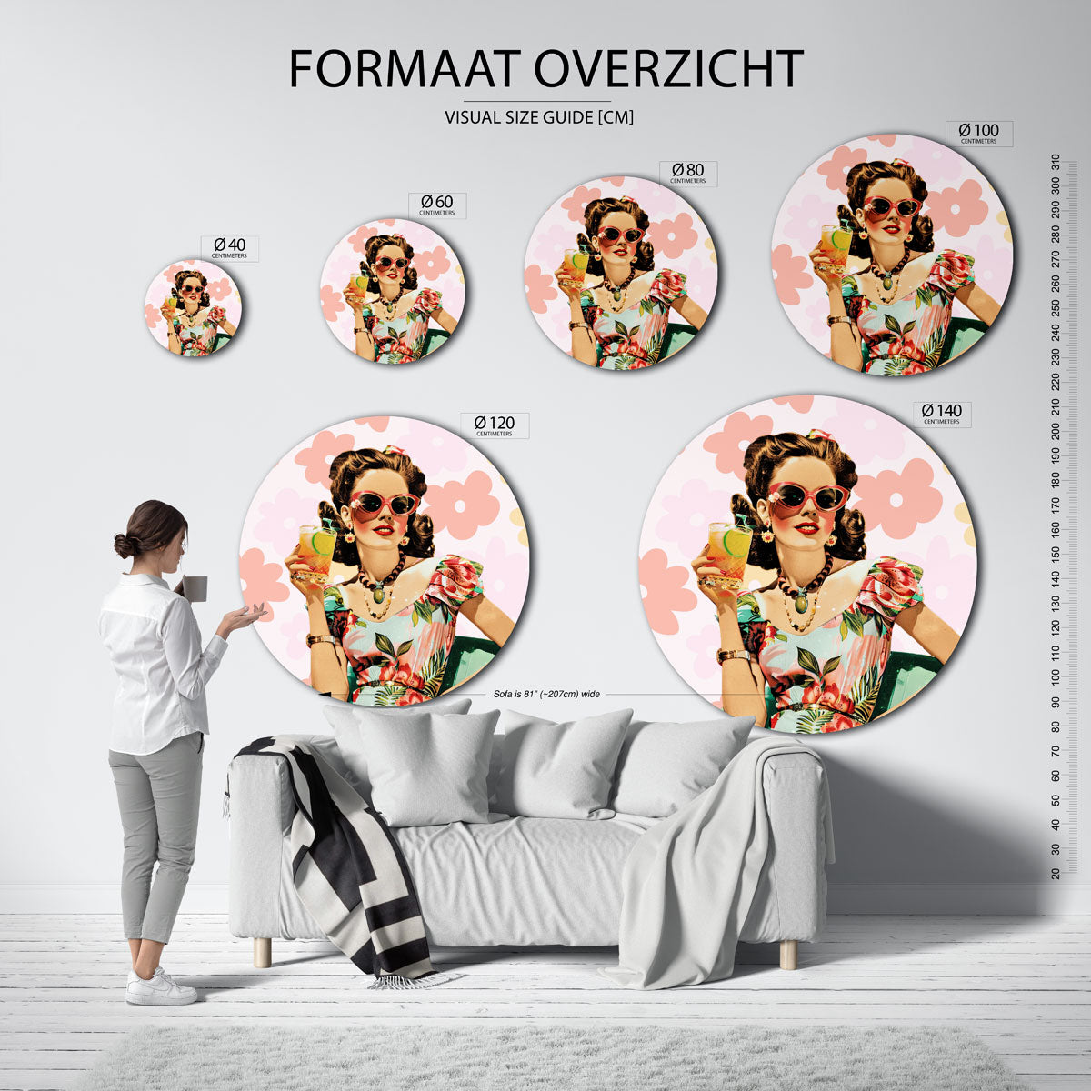 Vrouw met cocktail – kleurrijke ronde muurdecoratie in Pop Art stijl