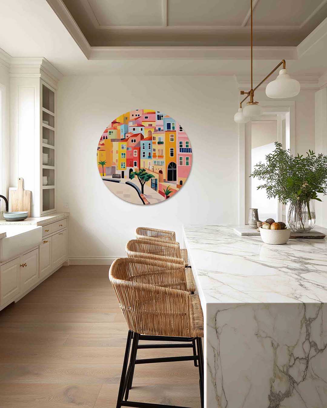 Kleurrijke huizen – abstracte muurcirkel als ronde wanddecoratie