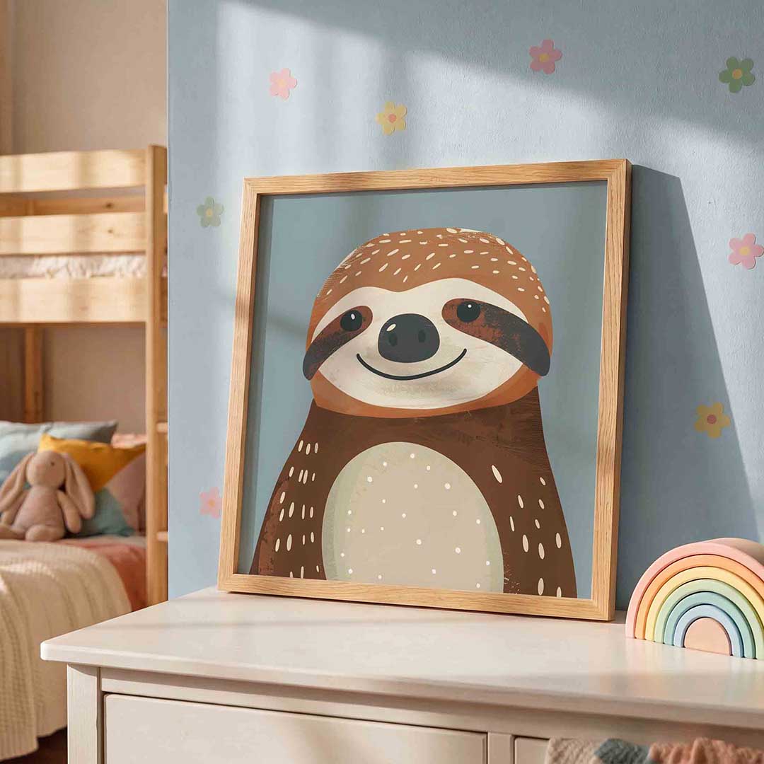 Lachende luiaard – speelse wandkunst als vierkante kinderposter