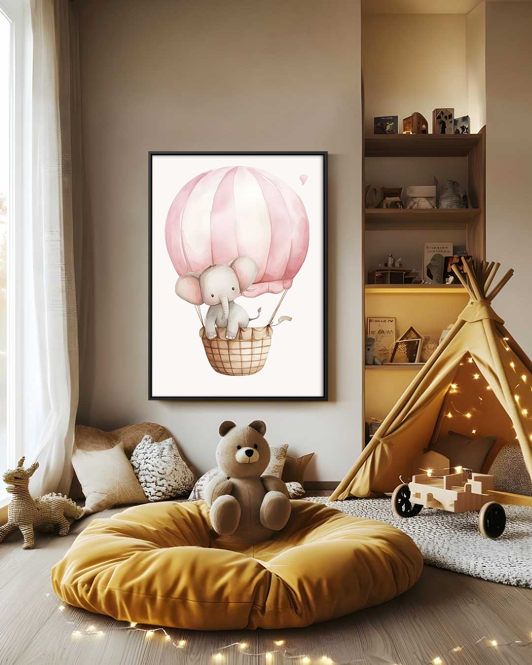 Baby Olifant in Luchtballon – staand kunstwerk voor modern interieur