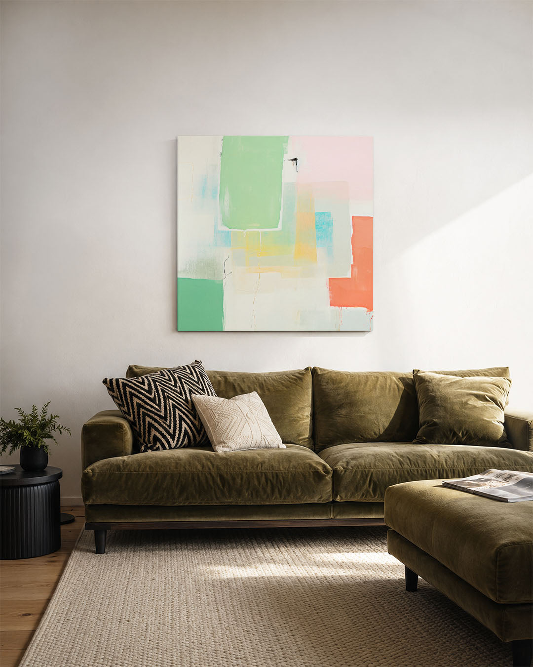 Kleurrijke vlakken kunstwerk – derde productweergave – dit werk toont een compositie van overlappende rechthoeken in zachte