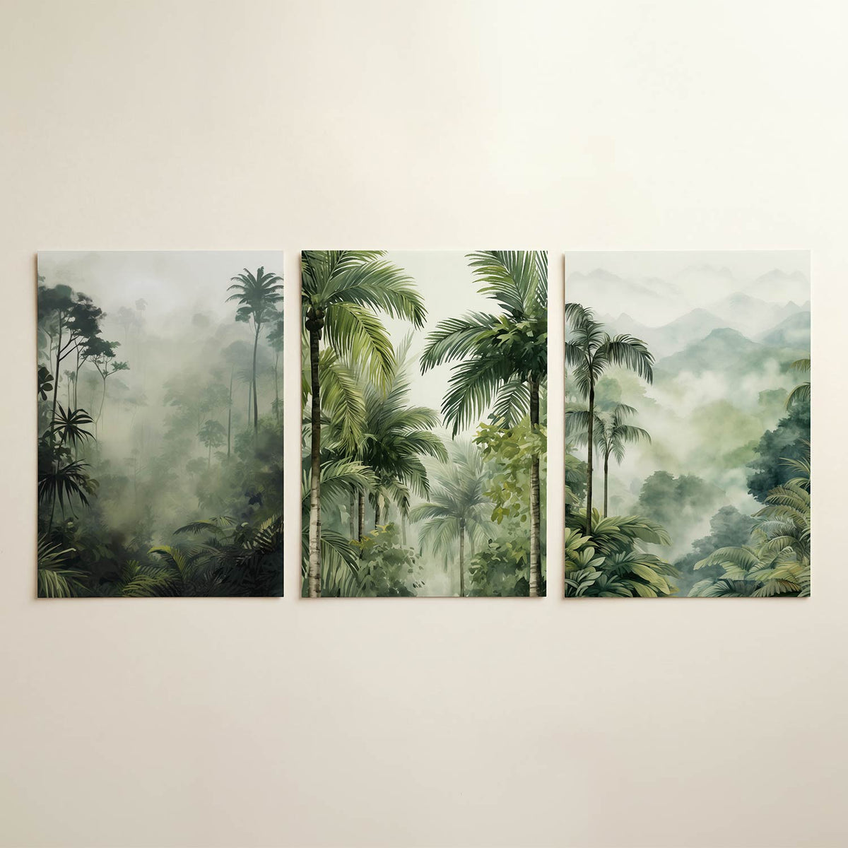 Groene jungle mist driedelige posterset in interieur