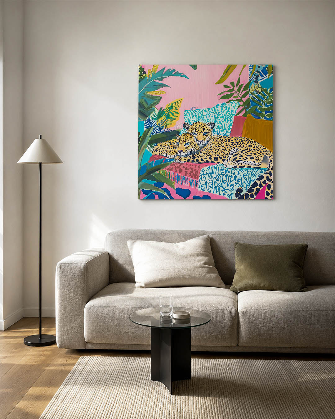 Exotische dierenwereld kunstwerk – detailweergave – dit kunstwerk toont twee luipaarden te midden van een kleurrijke jungle.