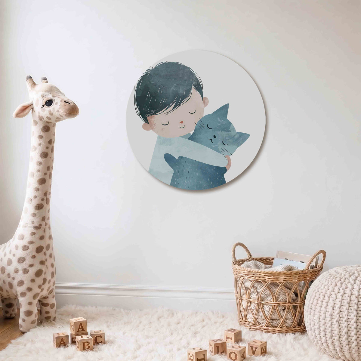 Jongen met kat Muurcirkel – Een jongen met donker haar omarmt een blauwe kat op een lichte achtergrond.