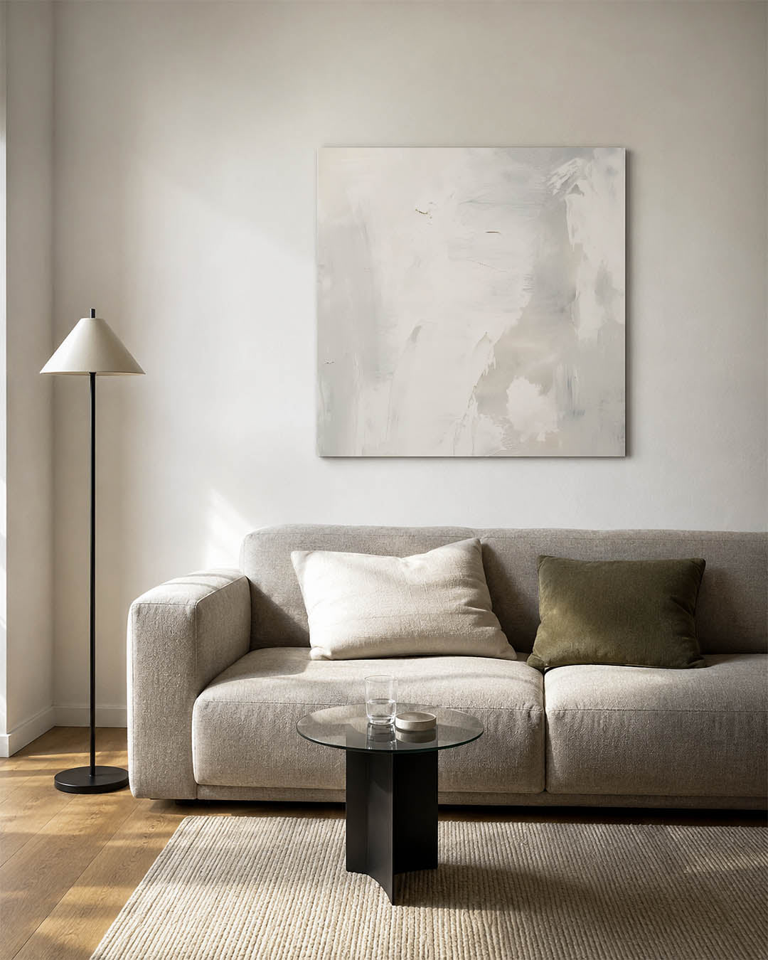 Neutrale vegen kunstwerk – vierkante wanddecoratie – dit werk toont zachte, vloeiende vegen in neutrale tinten. De subtiele