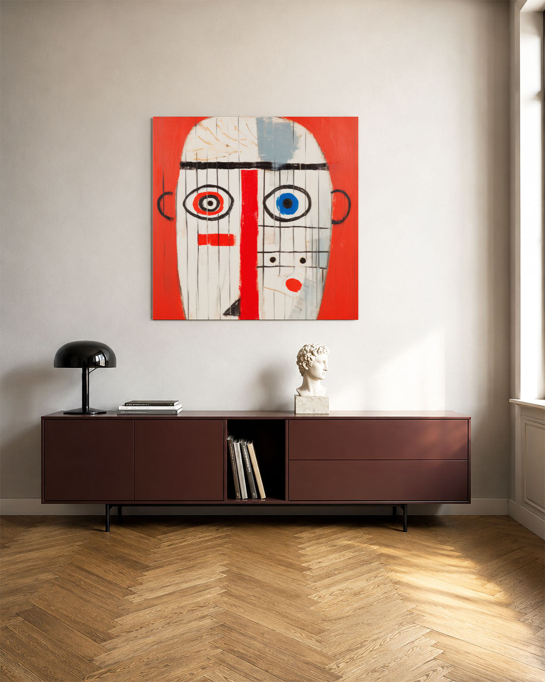 Geometrisch portret kunstwerk – tweede productweergave – dit werk toont een gezicht met geometrische vormen en lijnen. De