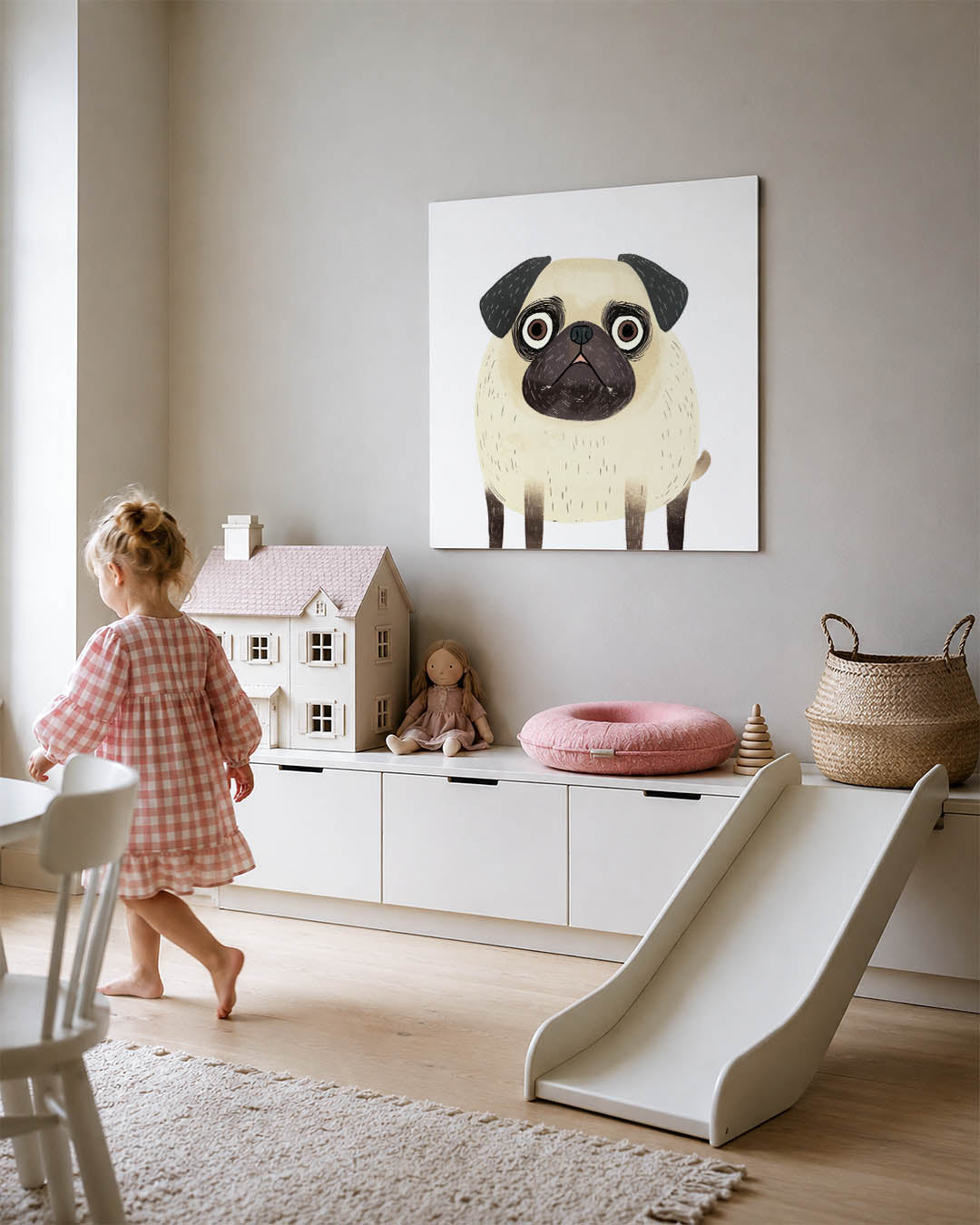 Speelse hond illustratie kunstwerk – tweede productweergave – dit werk toont een speelse hond met grote ogen en een ronde