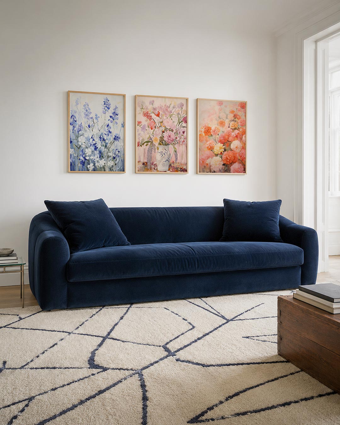 Bloemen in blauwtinten driedelige posterset – deze schildering toont een weelderige verzameling bloemen