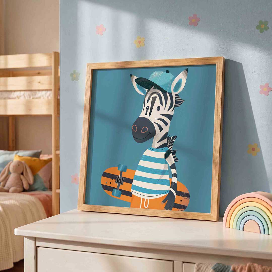 Zebra met skateboard – speelse wandkunst als vierkante kinderposter