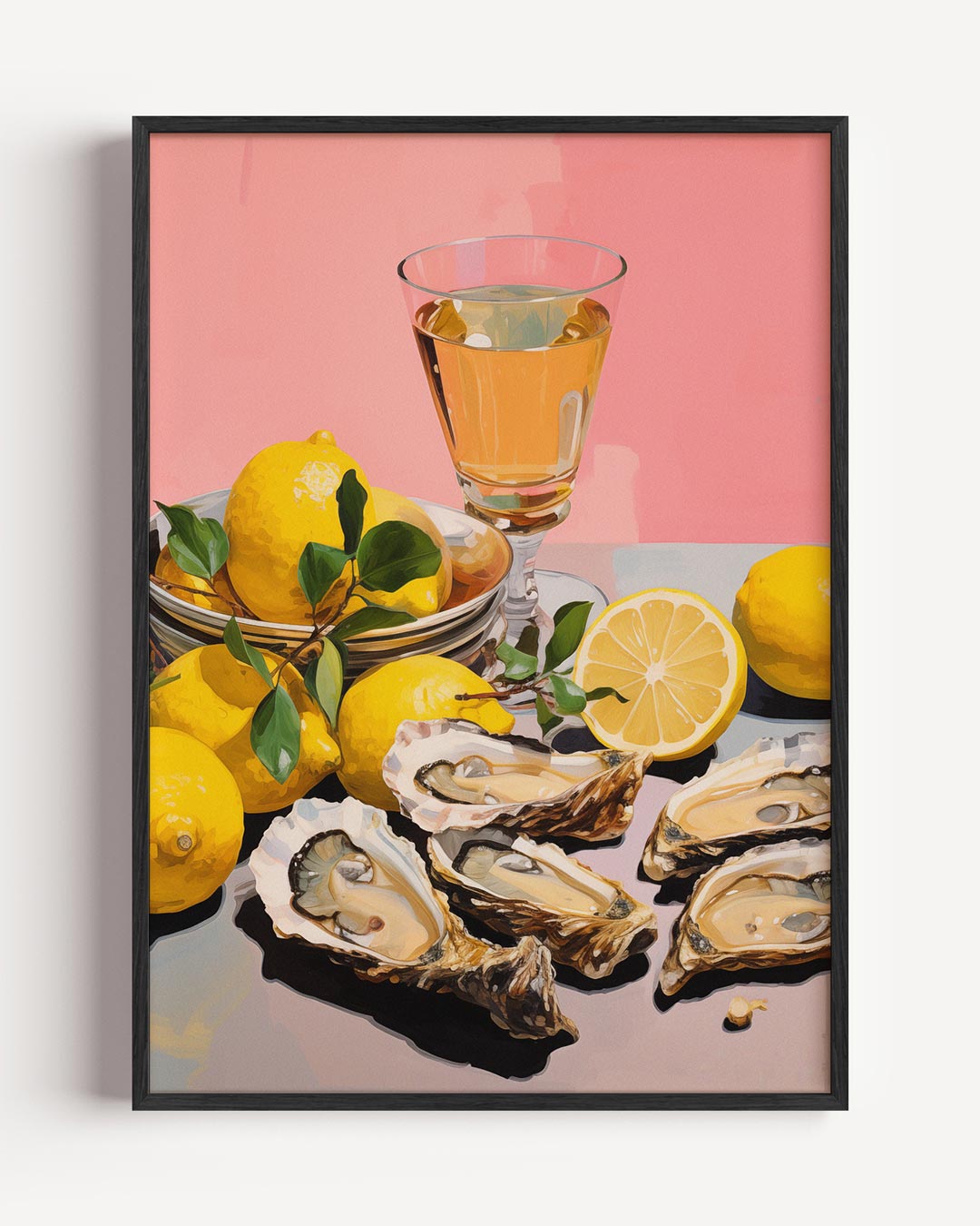 Oesters en citroenen met glas wijn – keuken portret poster als wanddecoratie