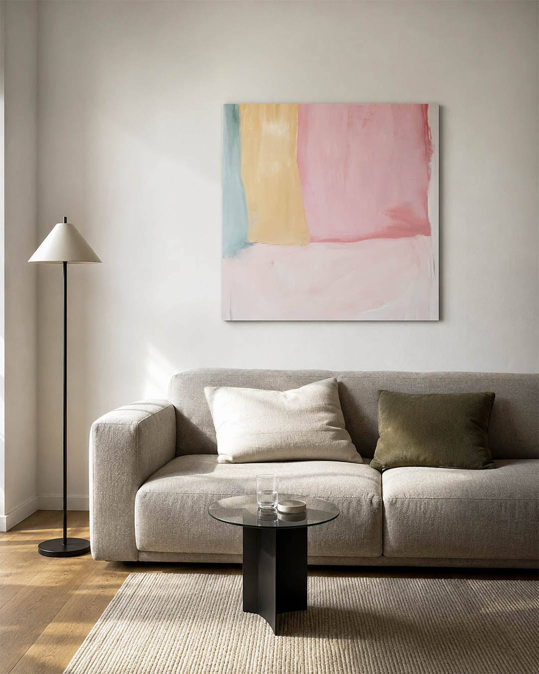 Zachte kleurvlakken kunstwerk – vierkante wanddecoratie – dit kunstwerk toont grote, zachte vlakken in pastelkleuren. De
