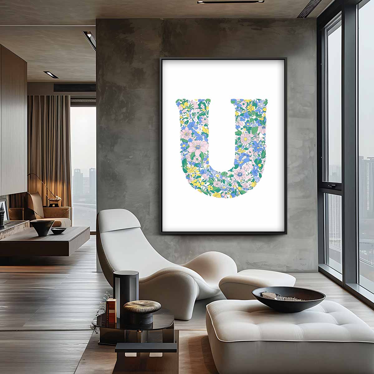 Bloemenletter U – canvas wanddecoratie in portret formaat