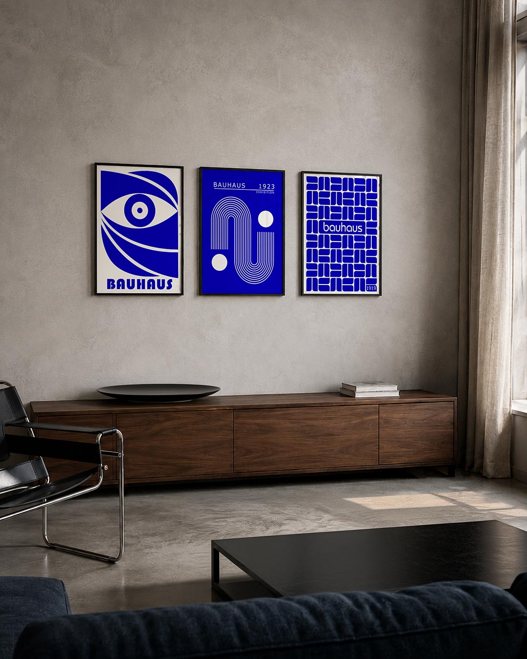 Oog en lijnen posterset – tweede productweergave – een blauw oog met dynamische lijnen en vormen. De compositie speelt met