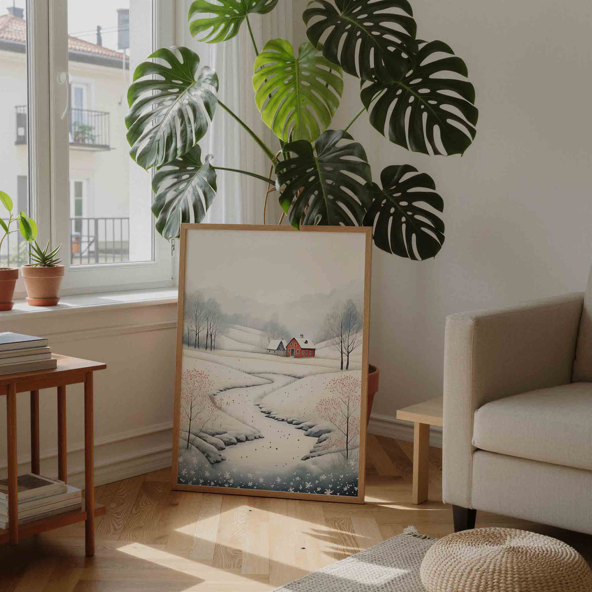 Winterlandschap met rode boerderij – feestelijke wandkunst als portret poster