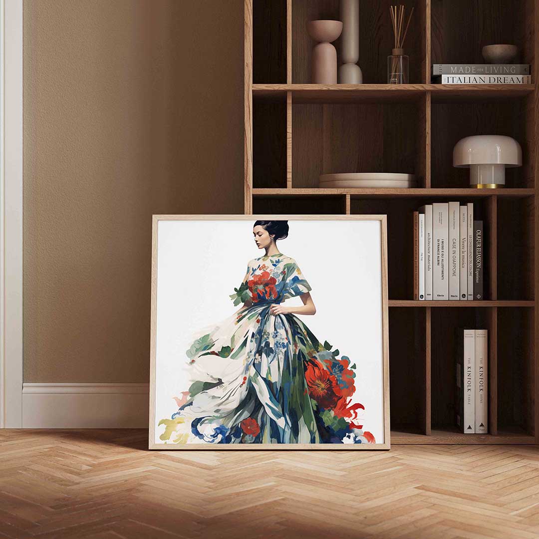 Vrouw met bloemenjurk – kleurrijke vierkante wanddecoratie van WallArtistic
