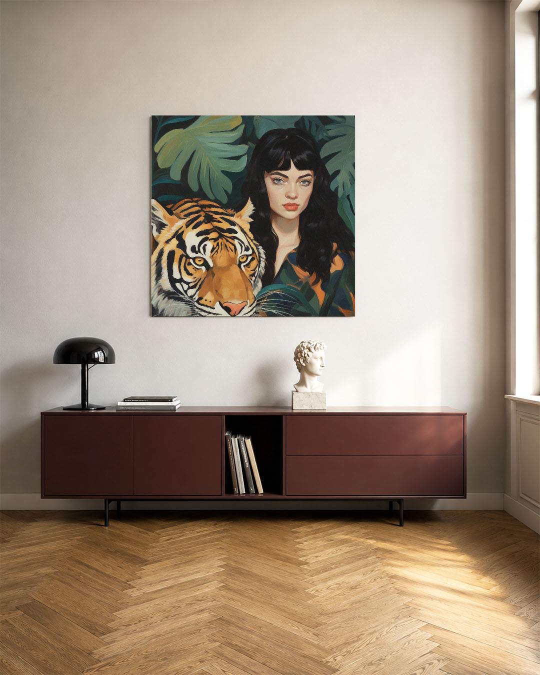 Dier en mens harmonie kunstwerk – tweede productweergave – dit kunstwerk toont een vrouw naast een tijger, omgeven door