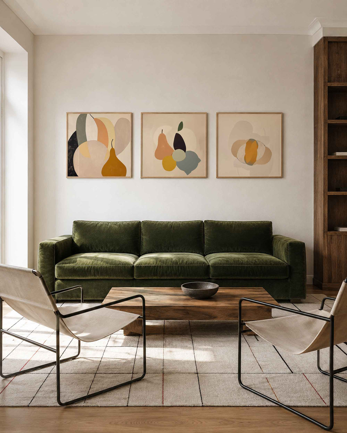 Interieurpresentatie van een driedelige vierkante posterset met abstracte fruitvormen