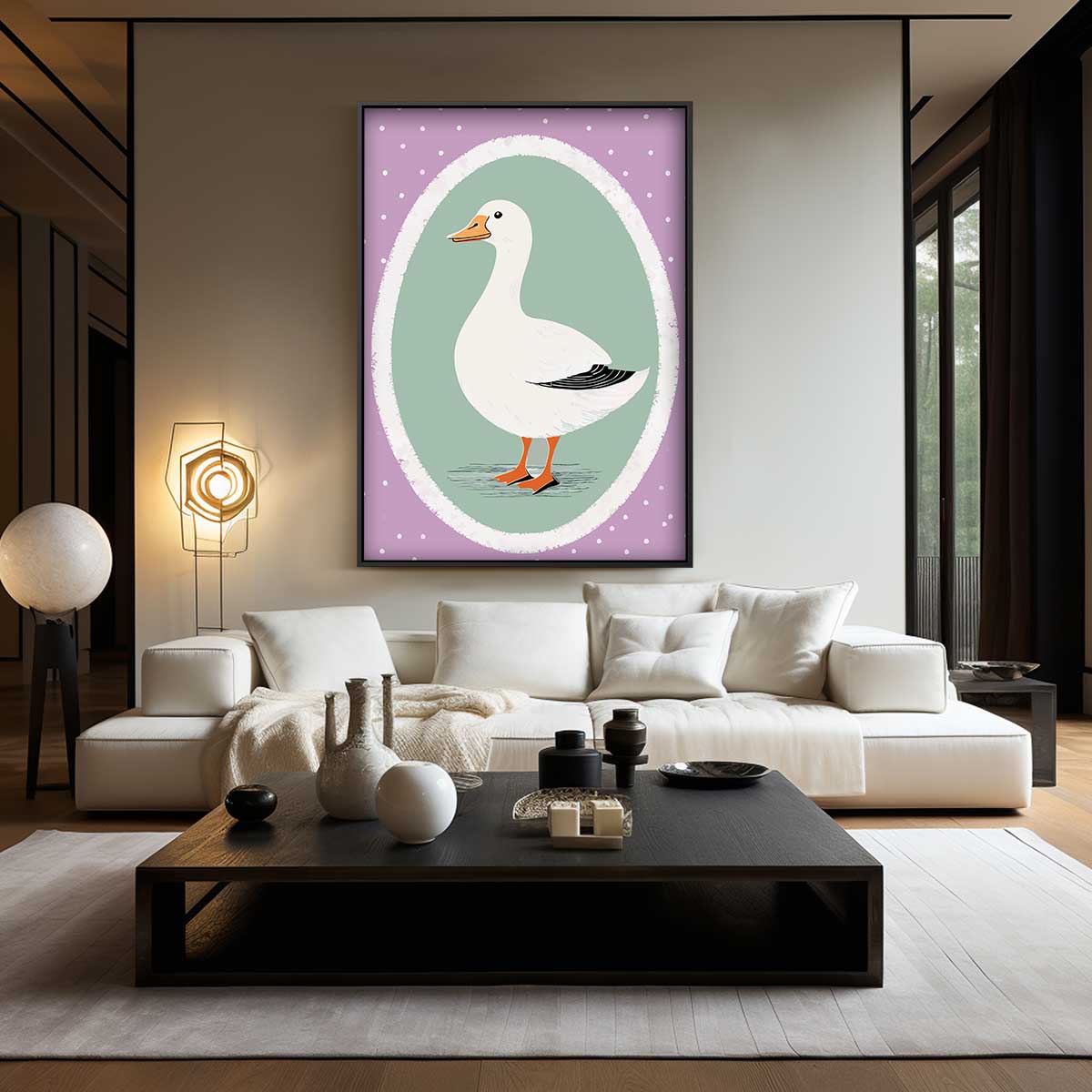 Schattige Eendenschilderij op Paars – canvas wanddecoratie in portret formaat