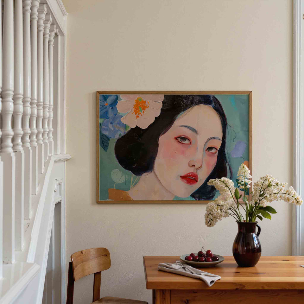 Vrouwelijk portret met bloemen – liggende illustratie poster als wanddecoratie
