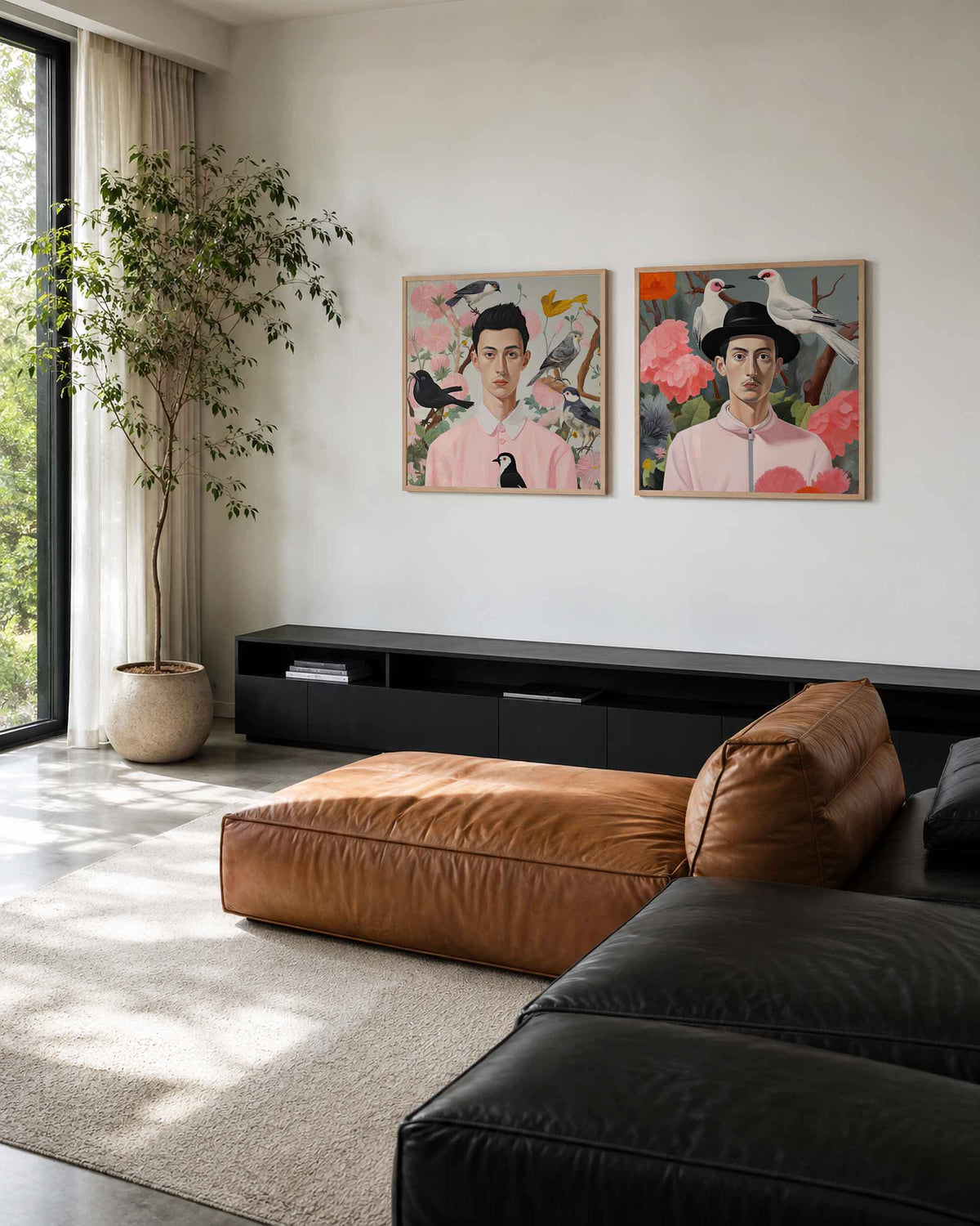 Interieurpresentatie van een tweedelige vierkante posterset met mannen, vogels en bloemen