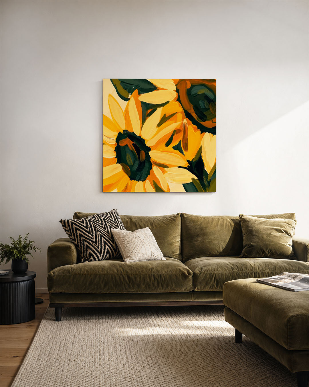 Expressieve bloemen kunstwerk – derde productweergave – dit werk toont grote bloemen in levendige kleuren. De penseelstreken
