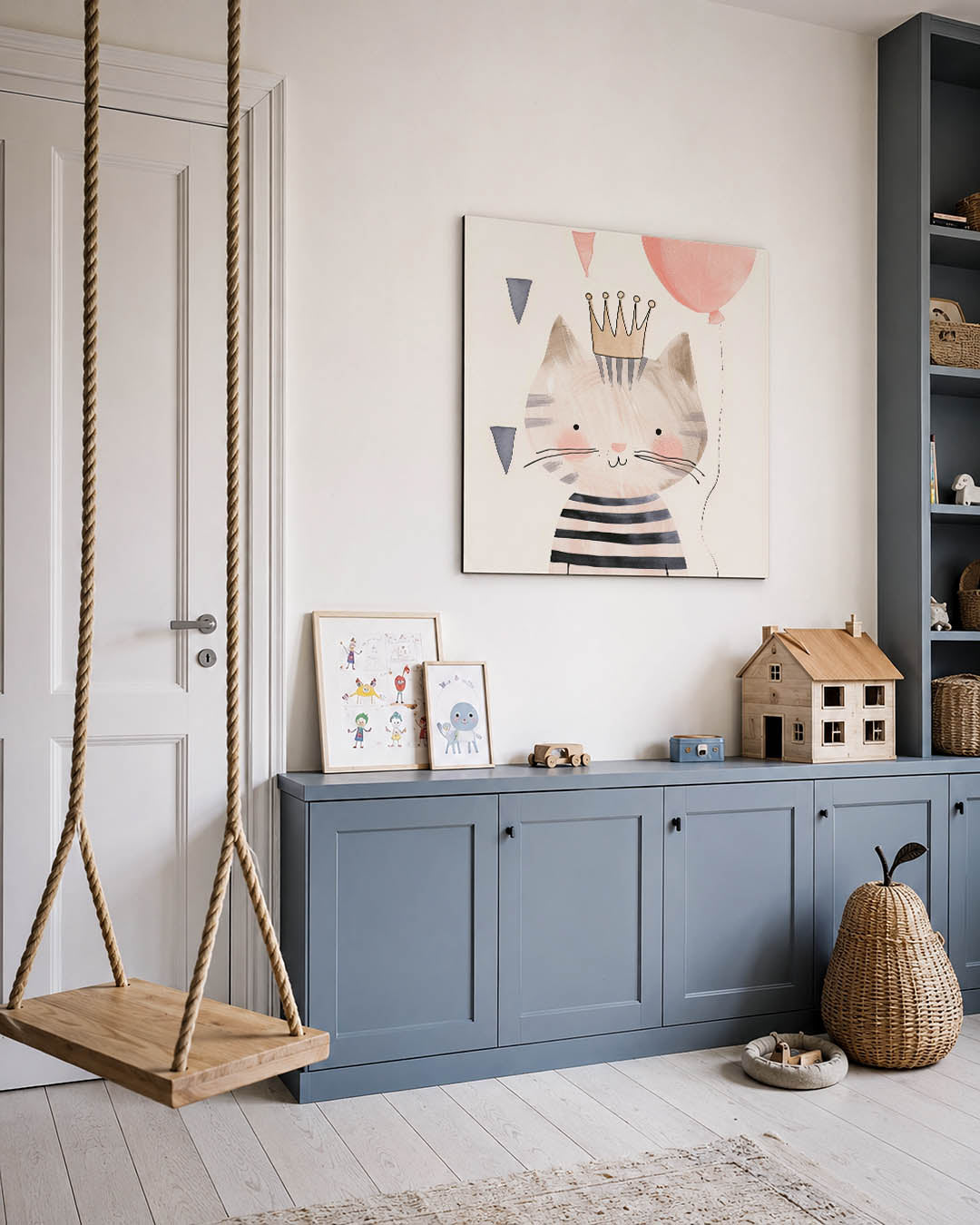 Speelse kat illustratie kunstwerk – vierkante wanddecoratie – dit werk toont een schattige kat met een kroon en ballon. De
