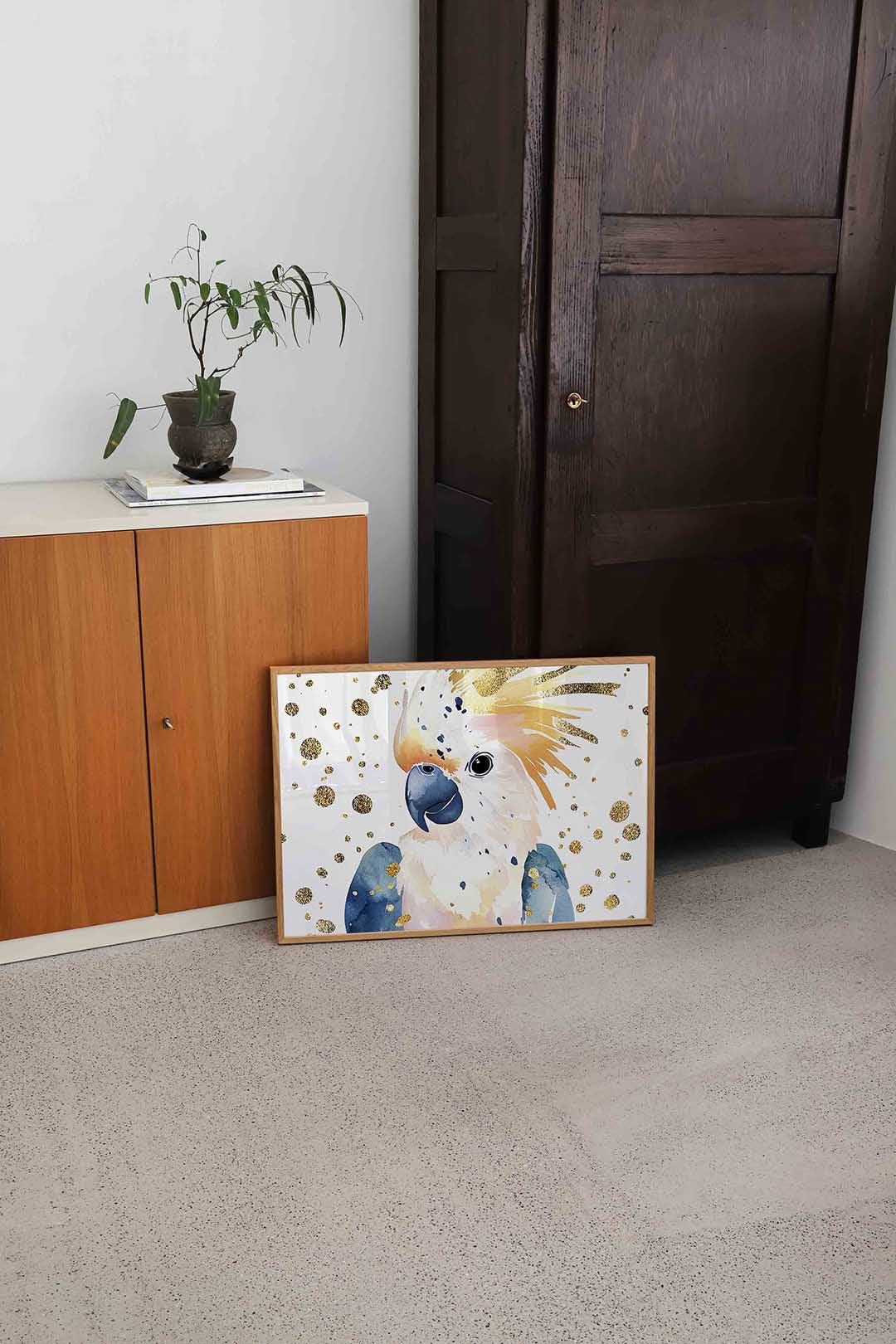 Papegaai met gouden stippen – dierenillustratie als landscape poster