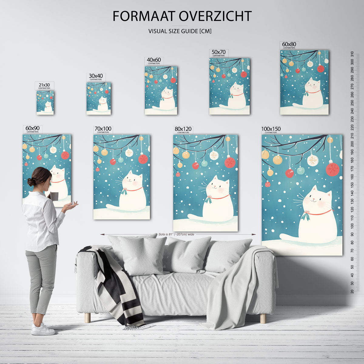 Witte kat met kerstballen – staande muurposter voor de kinderkamer