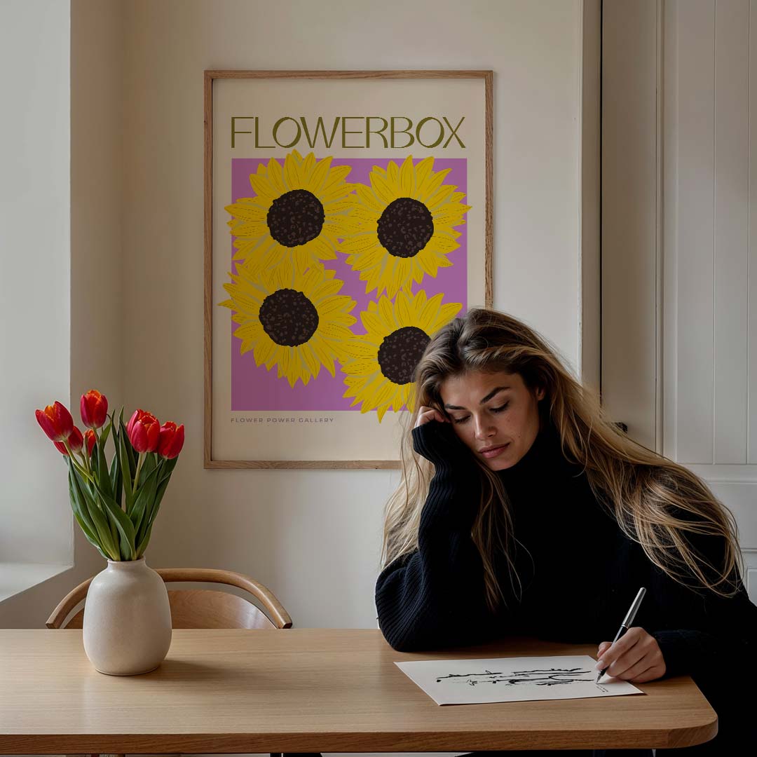 Zonovergoten Zonnebloemen – staande muurposter met tekst en typografie